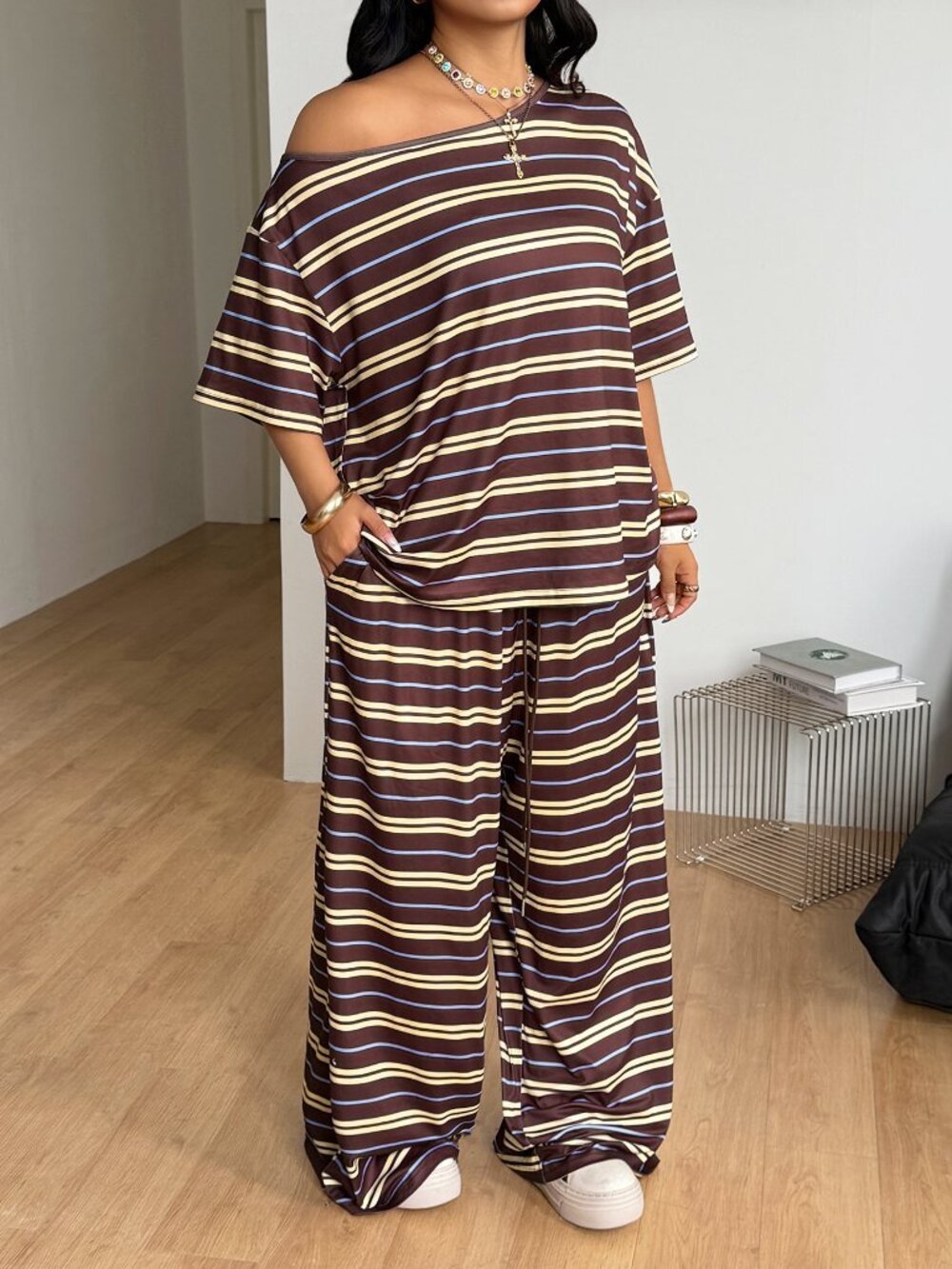 Mocha Brown Casual Women's Off Shoulder T-Shirt & Wide Leg Pants